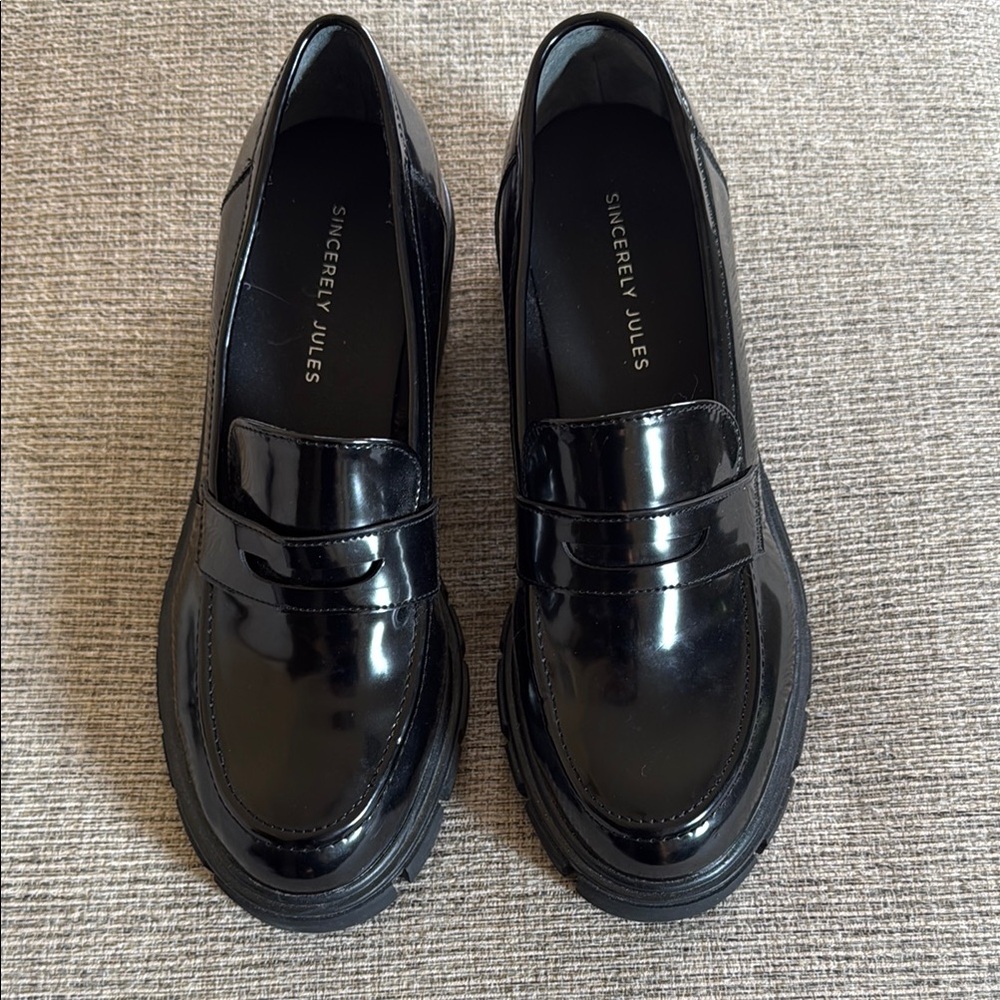 Sincerely Jules Black Patent Lug Sole Penny Loafers